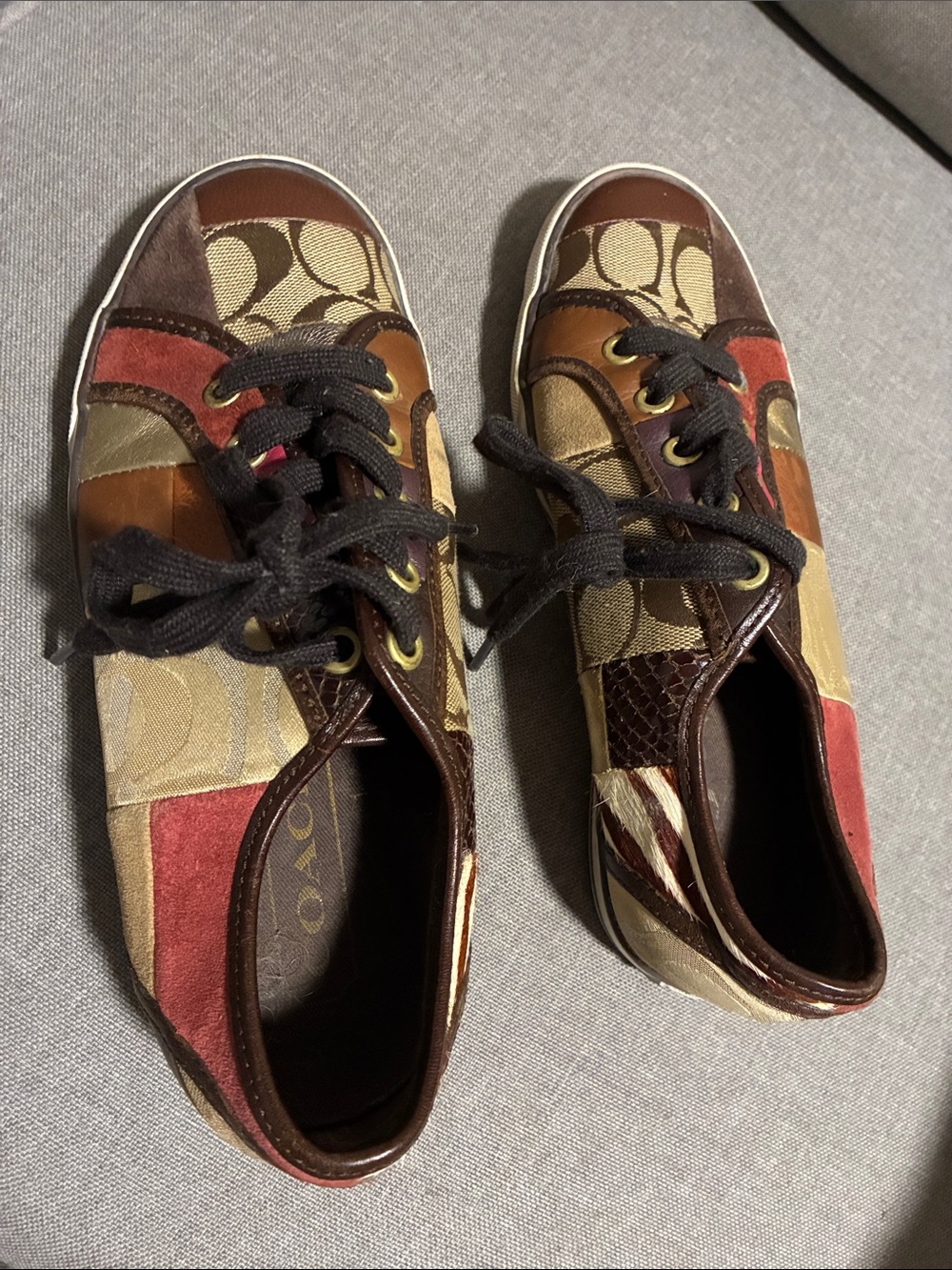 Coach Kids Patchwork Monogram Lace-Up Sneakers in Brown & Red